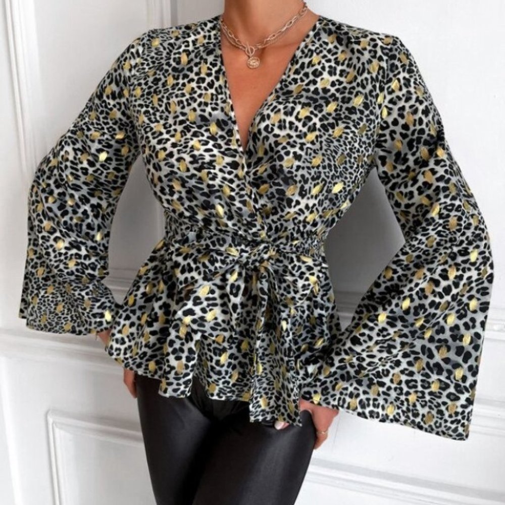 Leopard & Gold Dot Print Trumpet Sleeve Knotted Pe - Picture 6 of 6